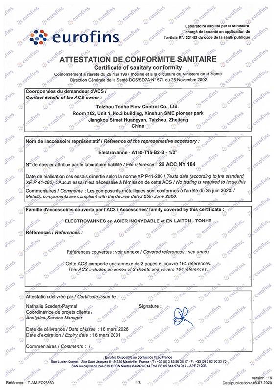 TONHEFLOW A20/A150/E20/E22 Series Electric Valves Obtain French ACS Certificat